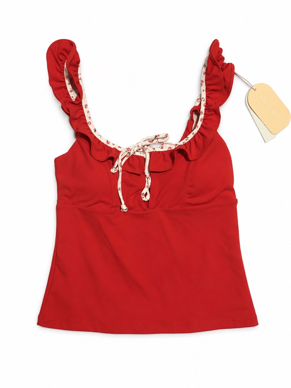 NWT Blogilates Ruffle Lace-Up Tank Top Red Floral Trim